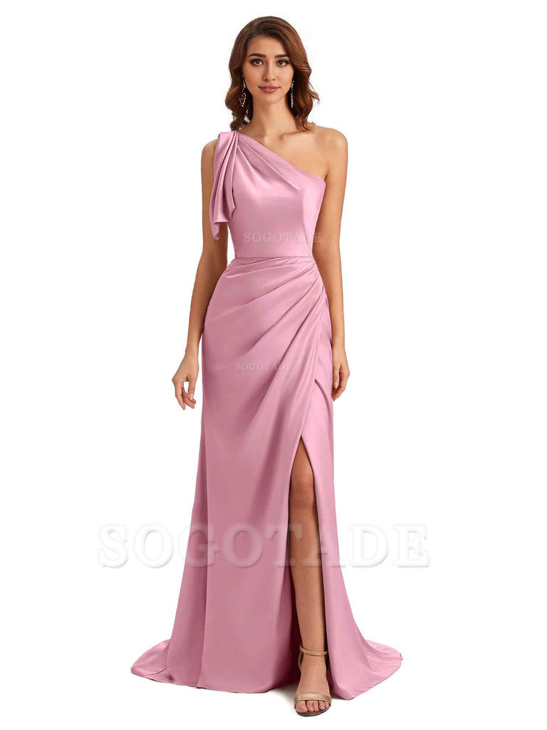 Sexy One Shoulder Mermaid Side Slit Unique Silky Satin Bridesmaid Dresses 