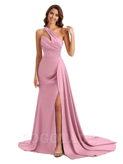 Mermaid One shoulder Satin formal dresses evening gown Bridesmaid Dresses With Side Slit 