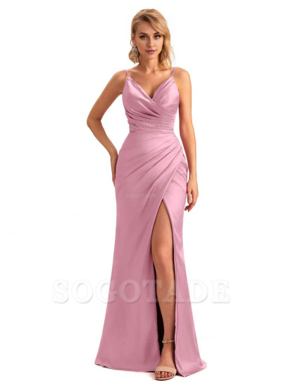 Sexy Side Slit V-Neck Mermaid Silky Satin Unique Long Formal Ladies Bridesmaid Dresses