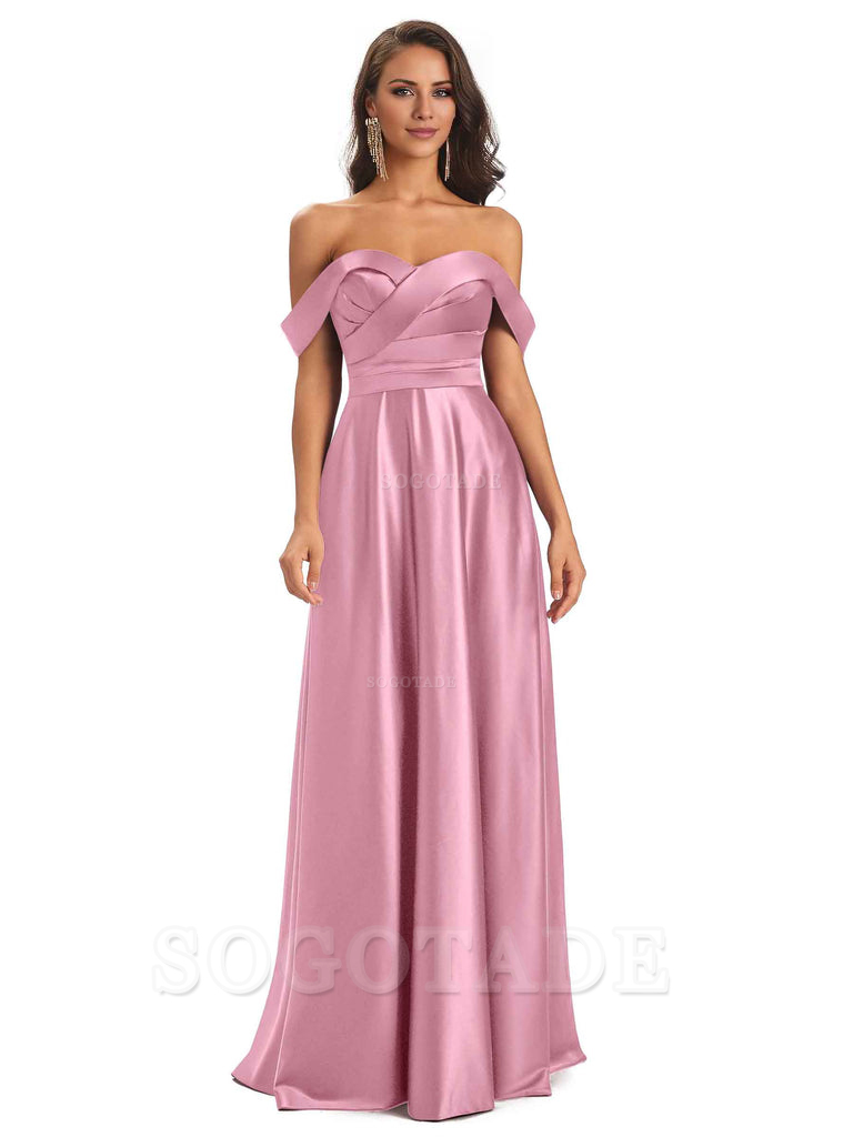 Sexy Soft Satin Off The Shoulder A-Line Long Bridesmaid Dresses Elegant Evening Party Dress