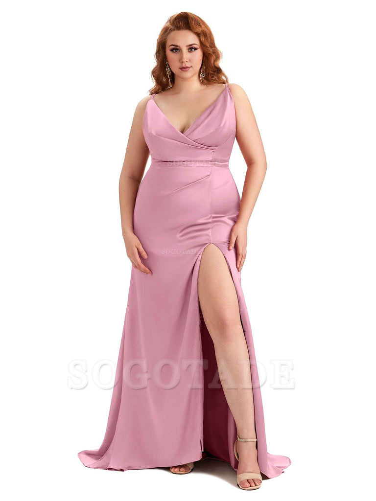 Sexy Side Slit Spaghetti Straps Mermaid Soft Satin Fashion Bridesmaid Dresses