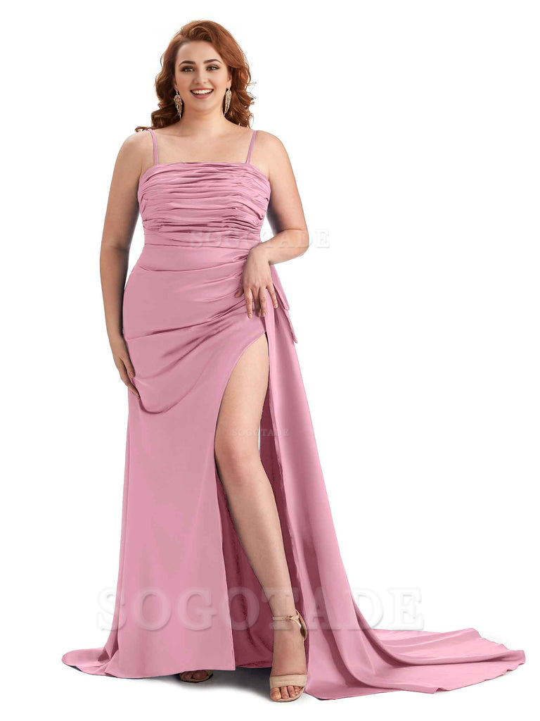 Sexy Side Slit Spaghetti Straps Mermaid Soft Satin Long Plus Size Bridesmaid Dresses Online