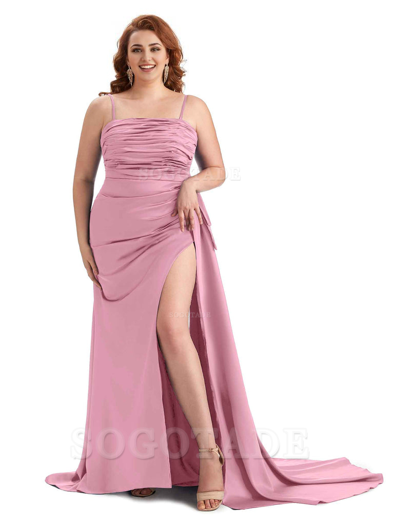 Sexy Side Slit Spaghetti Straps Mermaid Soft Satin Long Plus Size Bridesmaid Dresses Online