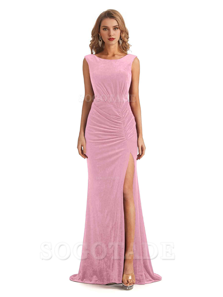 Sexy Open Back Mermaid Velvet Jewel High Split Maxi Long Bridesmaid Dresses Online