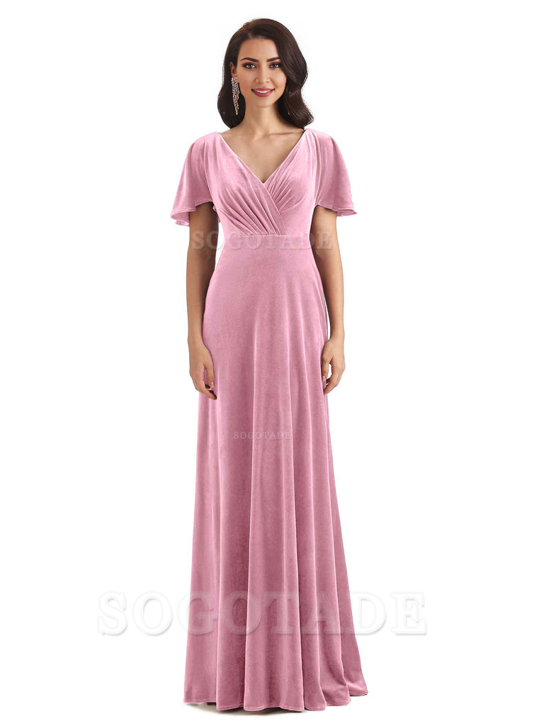 V-Neck Sexy See Through Short Sleeves Lace up Velvet Long Bridesmaid Dresses Formal Women's Dresses Wedding Guests Dresses