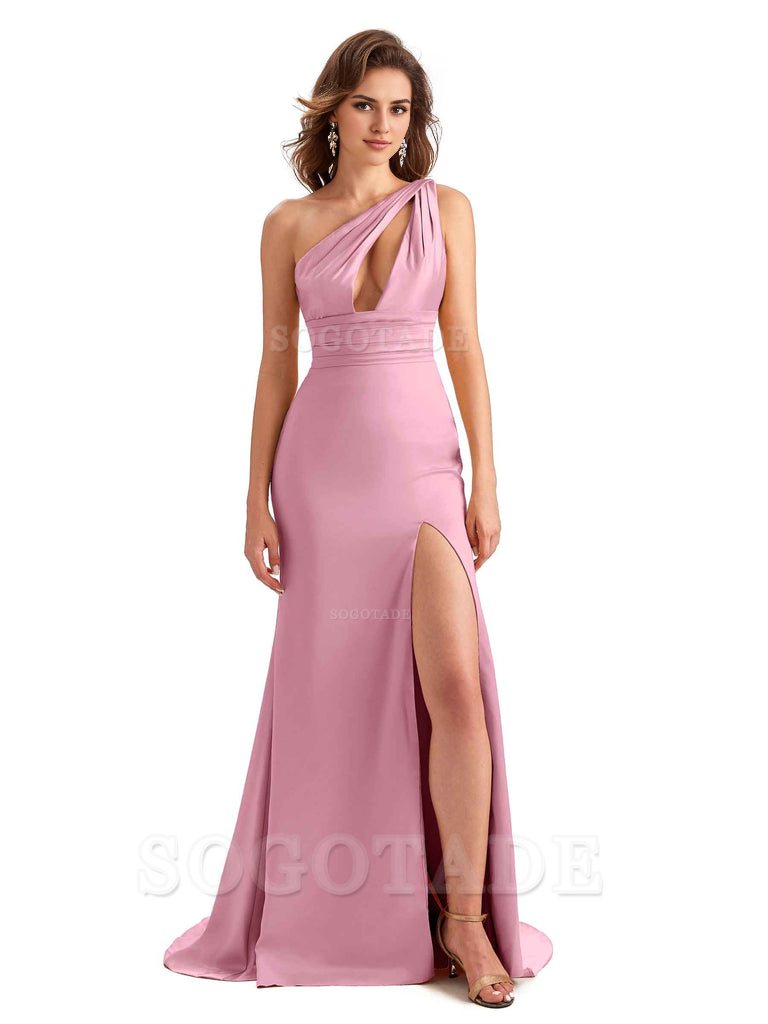Charming Sexy Unique Side Slit Mermaid Silky One Shoulder Long Bridesmaid Dresses Formal Women's Dresses Wedding Guests Dresses