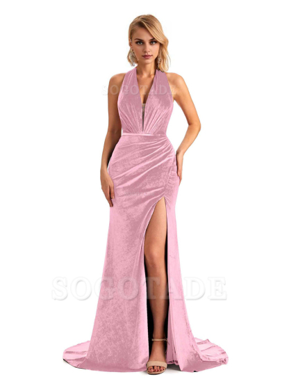 Sexy Deep V Neck Backless Mermaid Halter Side Slit Velvet Long Bridesmaid Dresses Online