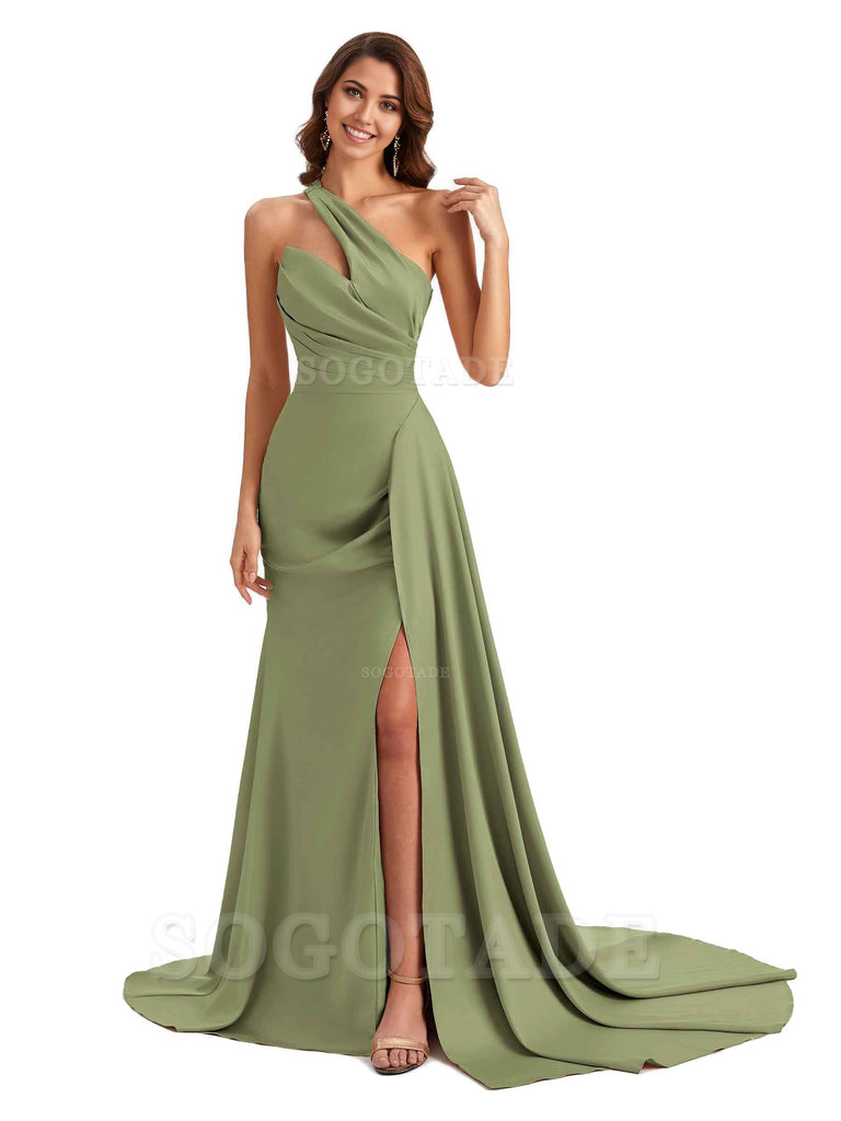 Mermaid One shoulder Satin formal dresses evening gown Bridesmaid Dresses With Side Slit 