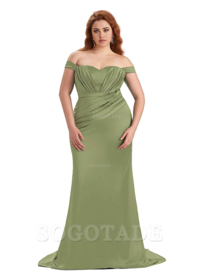 Sexy Mermaid Off The Shoulder Sweetheart Soft Satin Floor Length Long Plus Size Maid of Honor Dresses