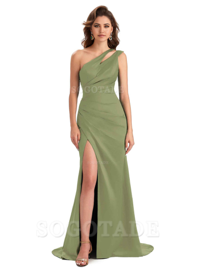 Mermaid One Shoulder Satin Sexy formal dresses evening gown Bridesmaid Dresses With Side Slit 