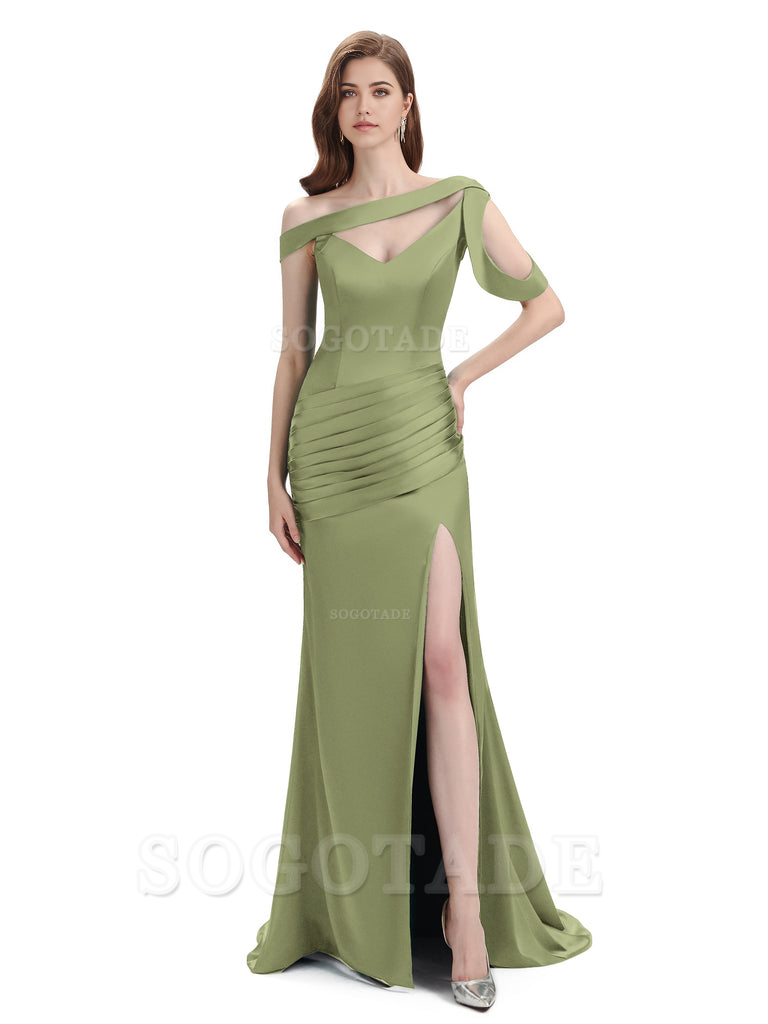 Mermaid V-Neck Satin Floor-Length formal dresses evening gown Bridesmaid Dresses With Side Slit 