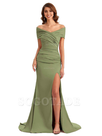 Sexy Off The Shoulder Side Slit Mermaid Satin Unique Long Formal Wedding Guest Dresses