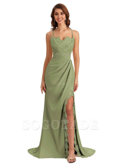 Sexy Side Slit Spaghetti Straps Lace Mermaid Silky Satin Wedding Guest Dresses