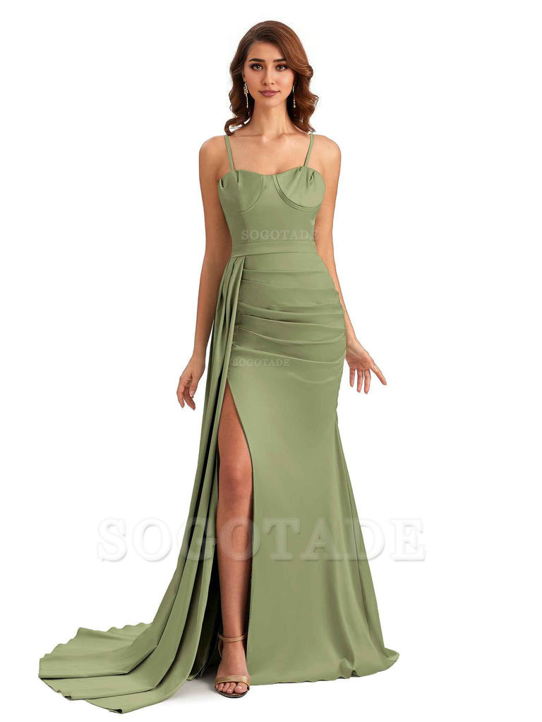 Sexy Spaghetti Straps Side Slit Mermaid Unique Long Bridesmaid Dresses In Satin