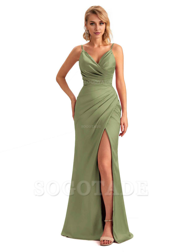 Sexy Side Slit V-Neck Mermaid Silky Satin Unique Long Formal Ladies Bridesmaid Dresses