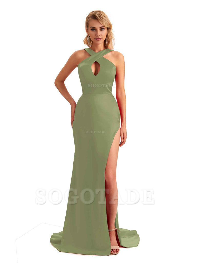 Sexy Side Slit Halter Mermaid Silky Satin Unique Long Formal Wedding Bridesmaid Dresses
