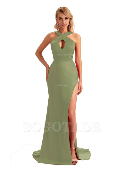 Sexy Side Slit Halter Mermaid Silky Satin Unique Long Formal Wedding Bridesmaid Dresses