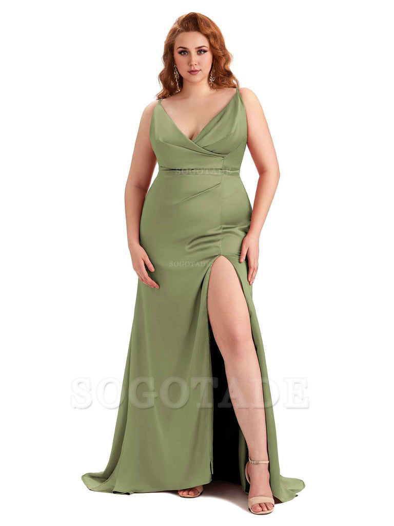 Sexy Side Slit Spaghetti Straps Mermaid Soft Satin Fashion Bridesmaid Dresses