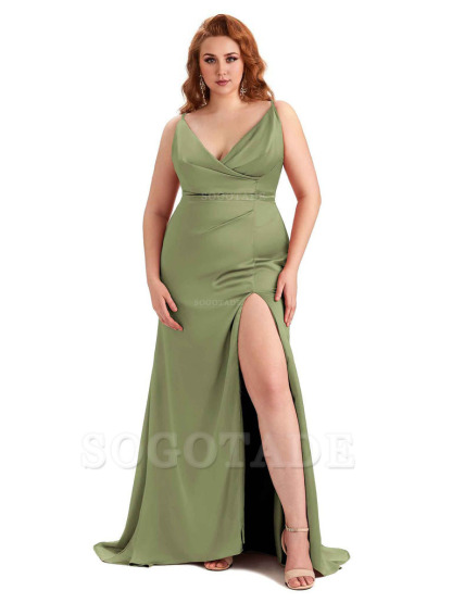 Sexy Side Slit Spaghetti Straps Mermaid Soft Satin Fashion Bridesmaid Dresses