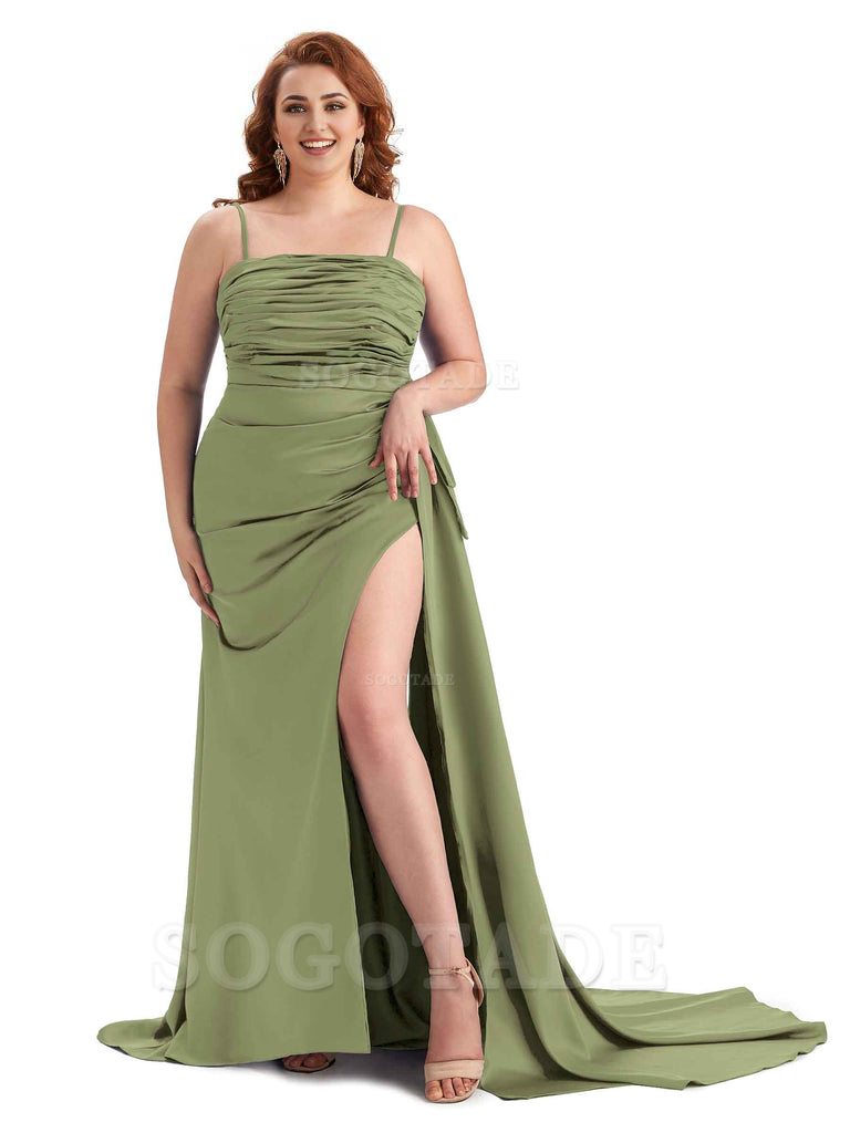 Sexy Side Slit Spaghetti Straps Mermaid Soft Satin Long Plus Size Bridesmaid Dresses Online