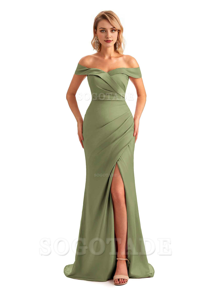 Off Shoulder Side Slit Mermaid Silky Satin Unique Long Formal Wedding Guest Dresses Online