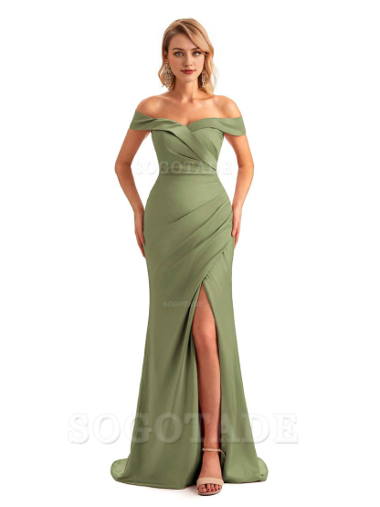 Off Shoulder Side Slit Mermaid Silky Satin Unique Long Formal Wedding Guest Dresses Online