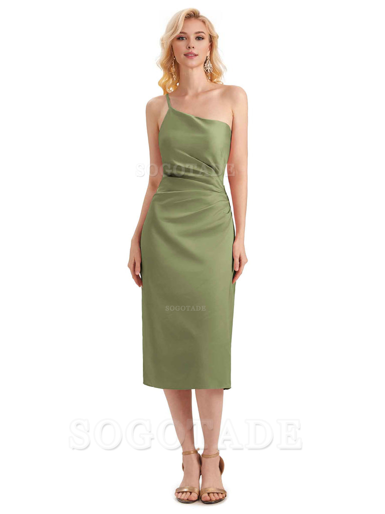 Sexy Soft Satin Side Slit One Shoulder Satin Midi Bridesmaid Dresses Online