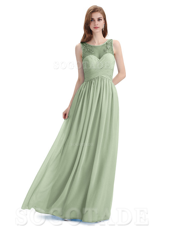 Elegant A-Line Chiffon Sleeveless Ruched Long Simple Bridesmaid Dresses Formal Women's Dresses Wedding Guests Dresses