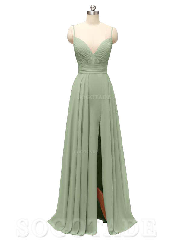 Honest Chiffon Spaghetti Straps Slit Long Bridesmaid Dresses prom shop dresses