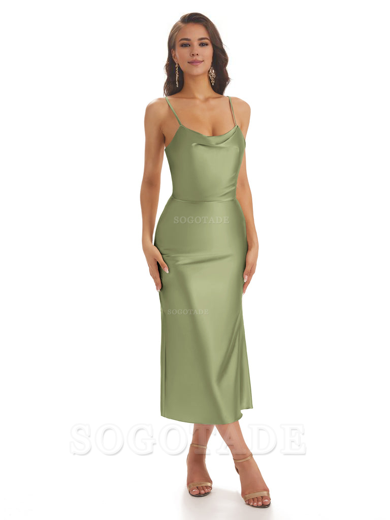 Sexy Soft Satin Spaghetti Strap Tea-Length Midi Short Bridesmaid Dresses prom shop dresses