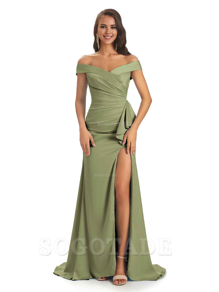 Sexy Soft Satin Side Slit Off The Shoulder Maxi Long Mermaid Bridesmaid Dresses prom shop dresses