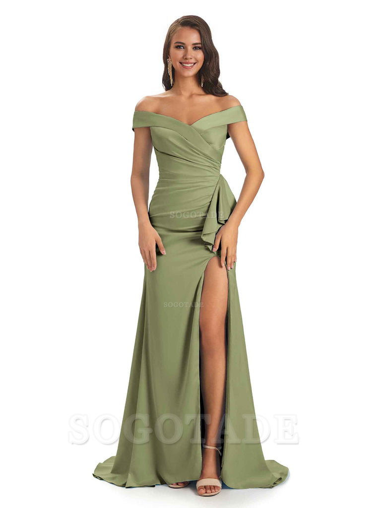 Sexy Soft Satin Side Slit Off The Shoulder Maxi Long Mermaid Bridesmaid Dresses prom shop dresses