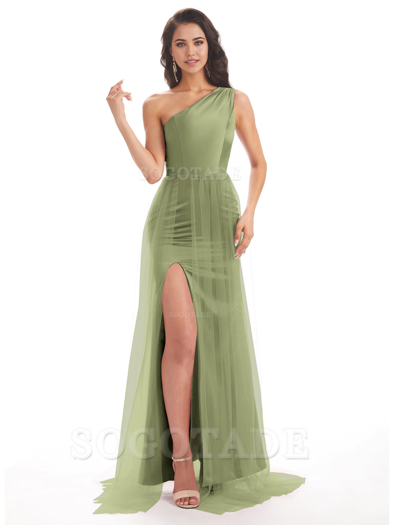 Mermaid One Shoulder Satin Side Slit Tulle formal dresses evening gown Bridesmaid Dresses