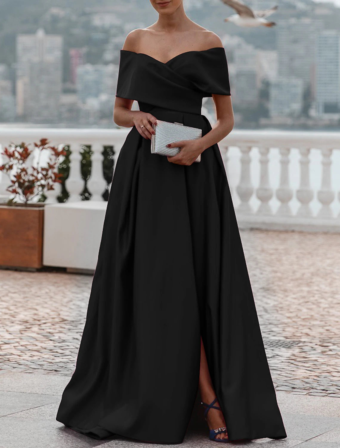 A-Line Evening Gown Party Dress Celebrity Style Dress Formal Wedding Court Train Sleeveless Off Shoulder Bridesmaid Dress Satin with Ruched Slit-SOGOTADE