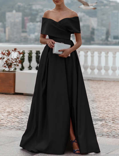 A-Line Evening Gown Party Dress Celebrity Style Dress Formal Wedding Court Train Sleeveless Off Shoulder Bridesmaid Dress Satin with Ruched Slit-SOGOTADE