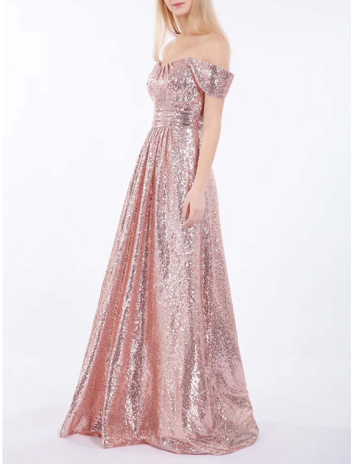 A-Line Bridesmaid Dress Off Shoulder Short Sleeve Elegant Floor Length Sequined with Ruching-SOGOTADE