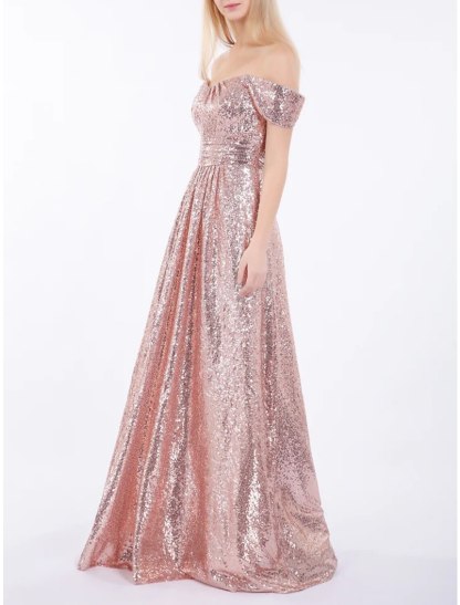 A-Line Bridesmaid Dress Off Shoulder Short Sleeve Elegant Floor Length Sequined with Ruching-SOGOTADE