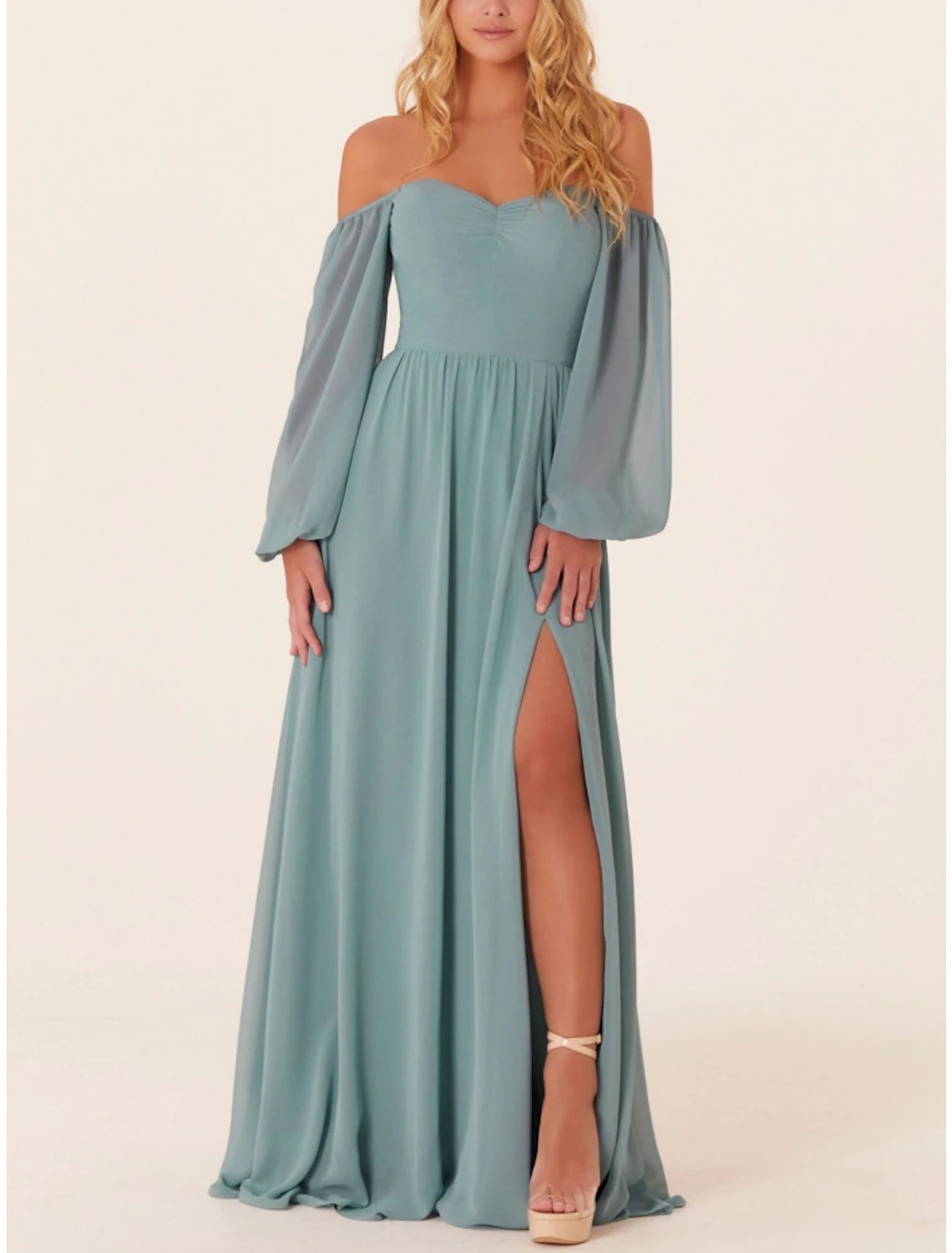 A-Line Bridesmaid Dress Square Neck Long Sleeve Elegant Sweep / Brush Train Chiffon with Split Front / Ruching-SOGOTADE
