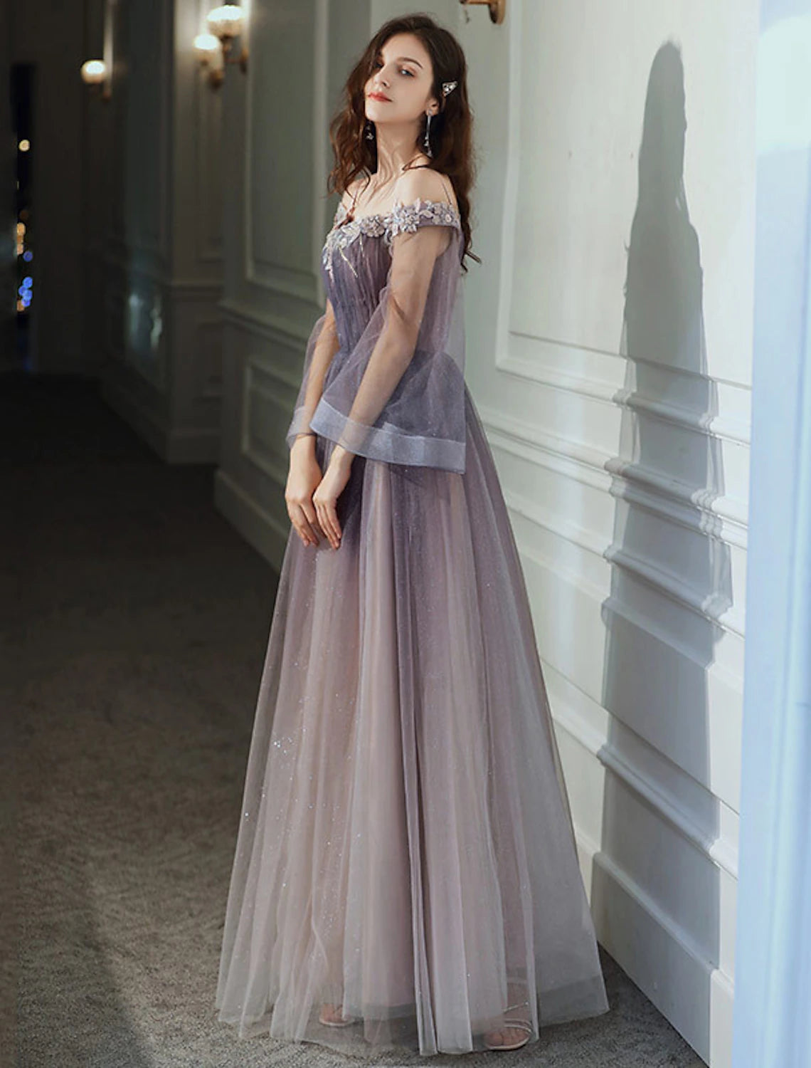 A-Line Minimalist Elegant Party Wear Prom Dress Off Shoulder Long Sleeve Floor Length Tulle with Appliques-SOGOTADE