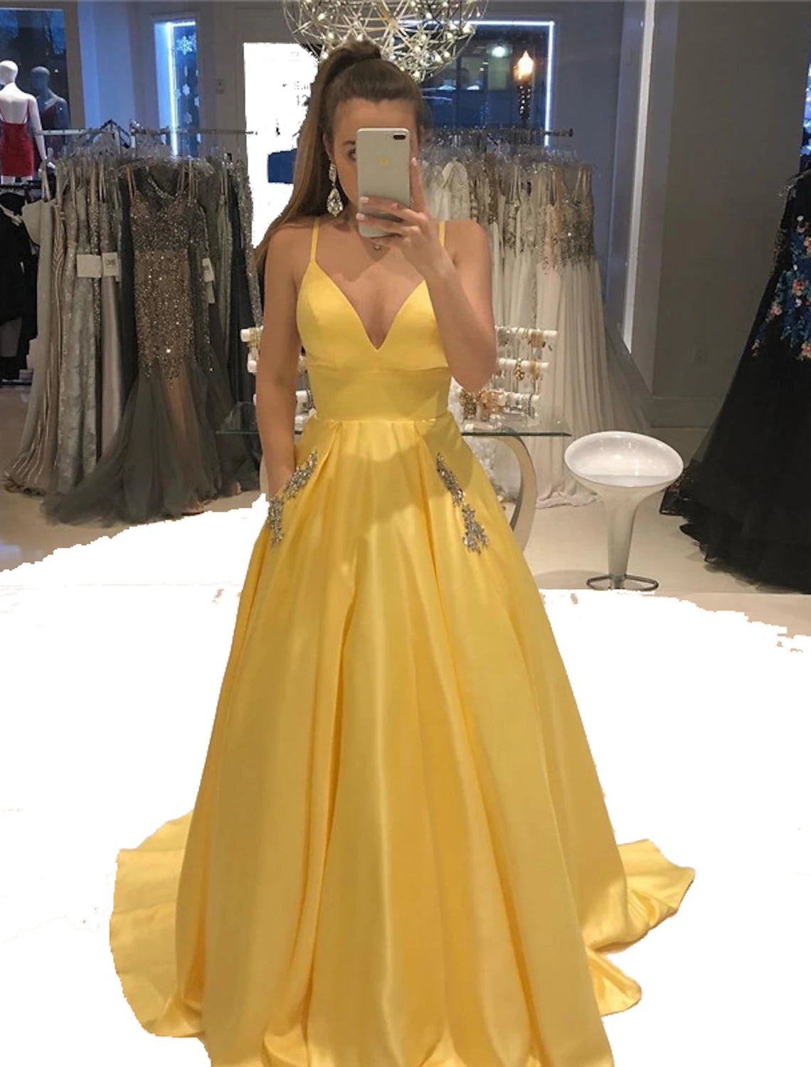 A-Line Evening Gown Vintage Dress Party Wear Wedding Guest Sweep / Brush Train Sleeveless V Neck Satin with Crystals Beading 2024-SOGOTADE