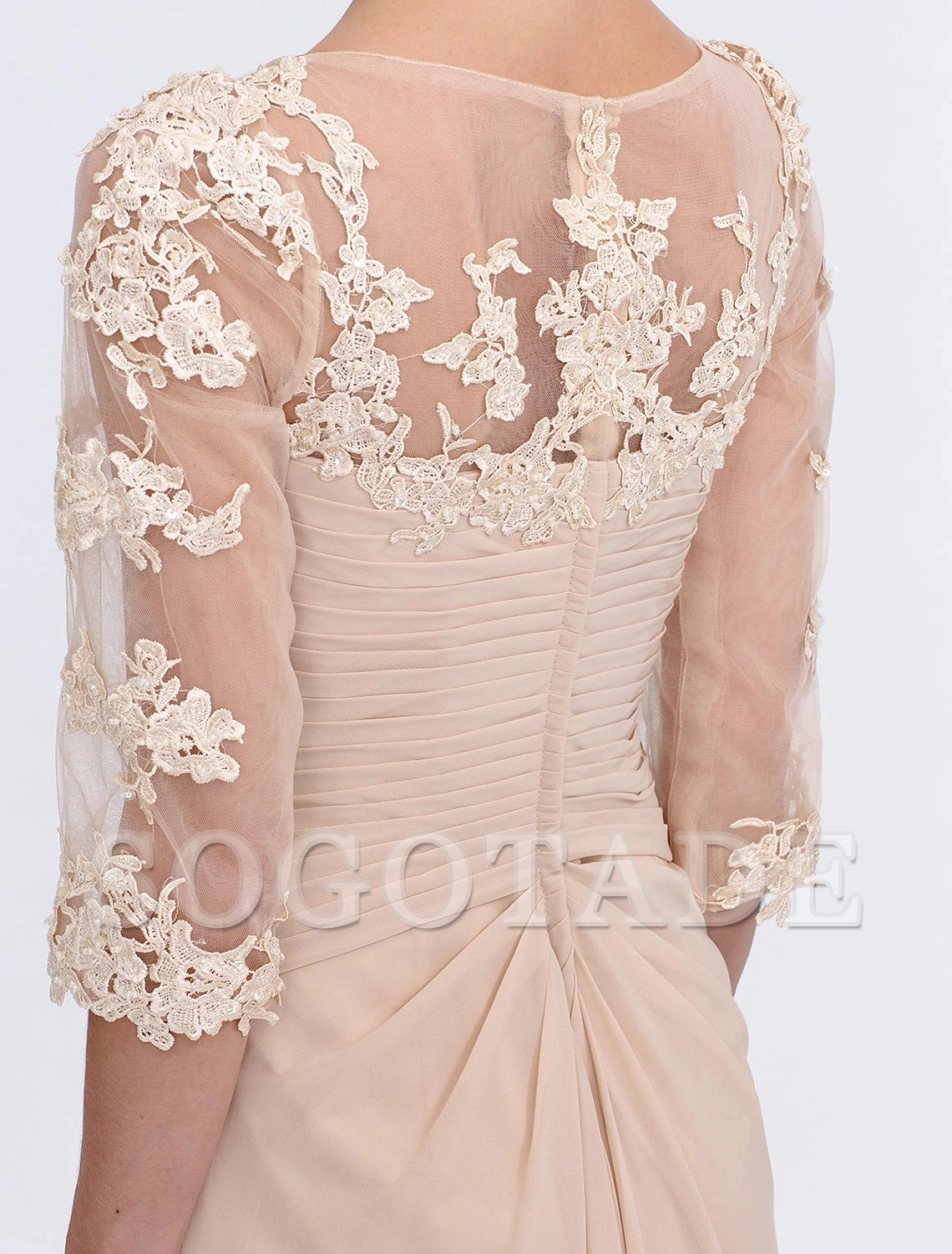 A-Line Mother of the Bride Dress Fall Wedding Guest Dresses Plus Size Elegant See Through V Neck Floor Length Chiffon Half Sleeve with Appliques Side Draping-SOGOTADE