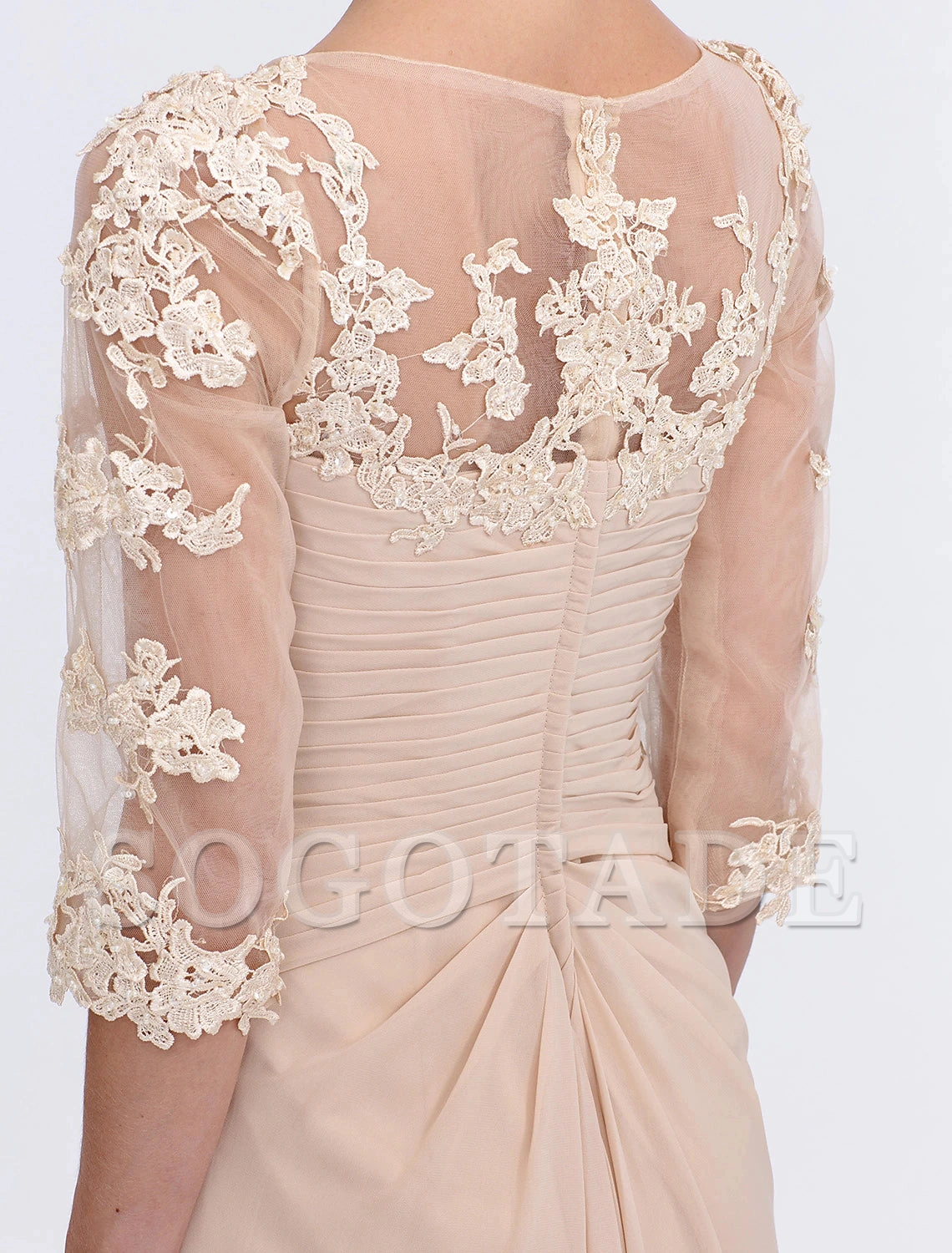 A-Line Mother of the Bride Dress Fall Wedding Guest Dresses Plus Size Elegant See Through V Neck Floor Length Chiffon Half Sleeve with Appliques Side Draping-SOGOTADE