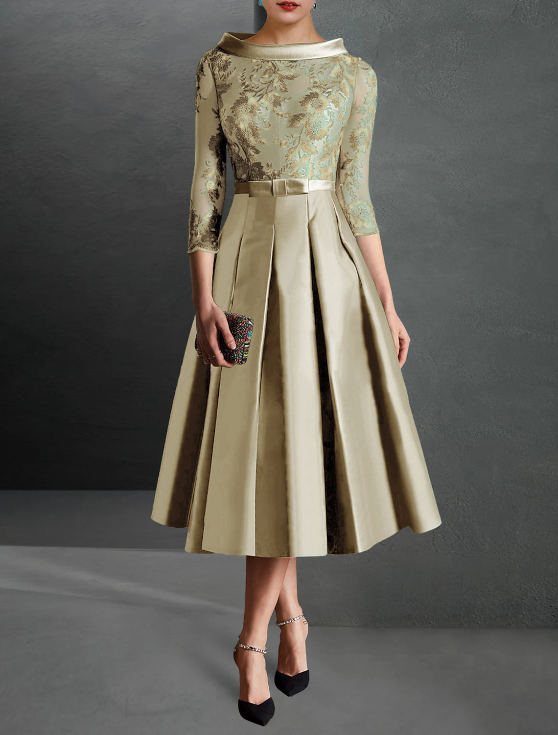 A-Line Cocktail Dress Christmas Red Green Dresses Formal Kentucky Derby Tea Length 3/4 Length Sleeve Jewel Neck Fall Wedding Guest Satin with Pleats Appliques 2024-SOGOTADE