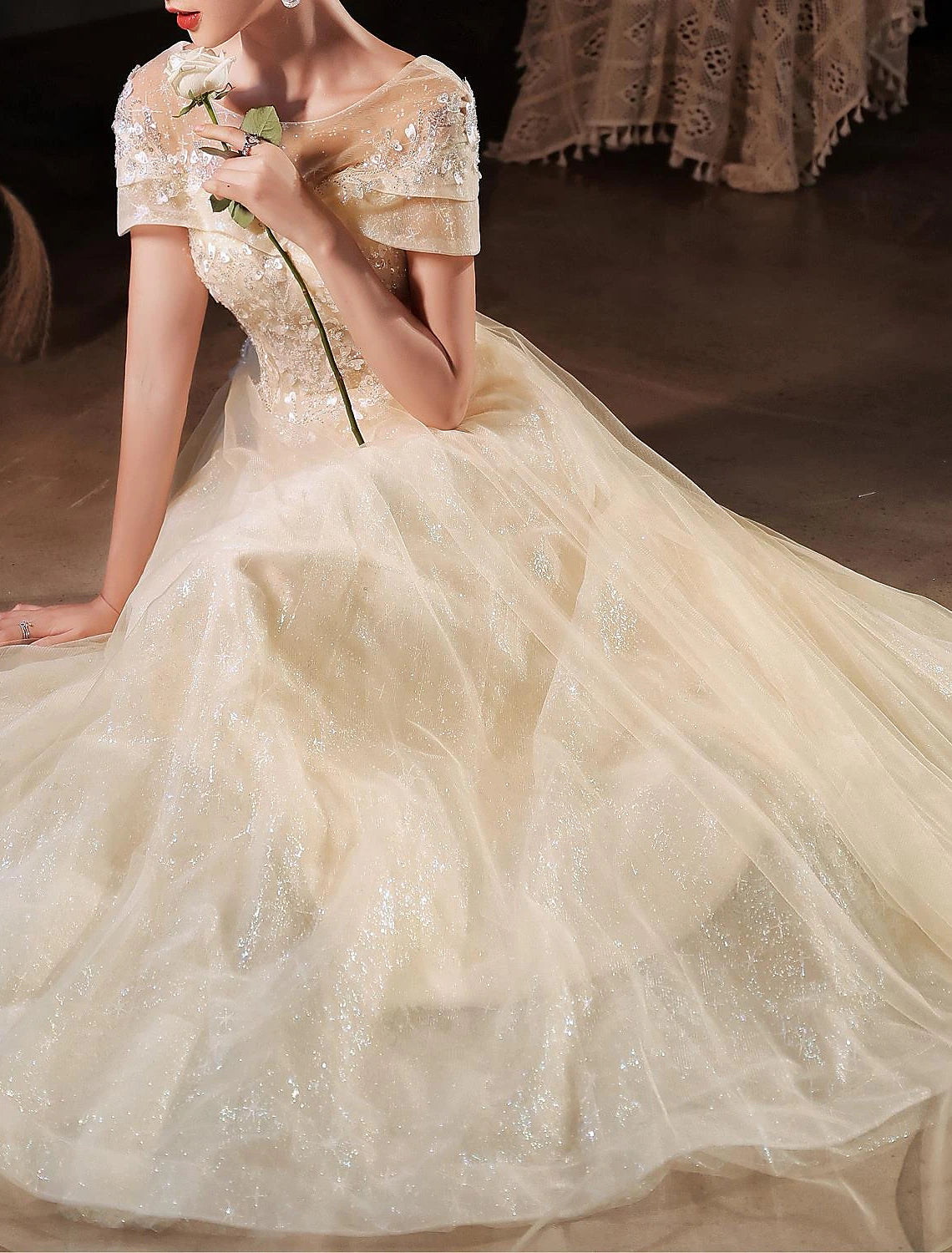 A-Line Beautiful Back Elegant Prom Formal Evening Dress Jewel Neck Short Sleeve Floor Length Lace with Beading Appliques 2024-SOGOTADE