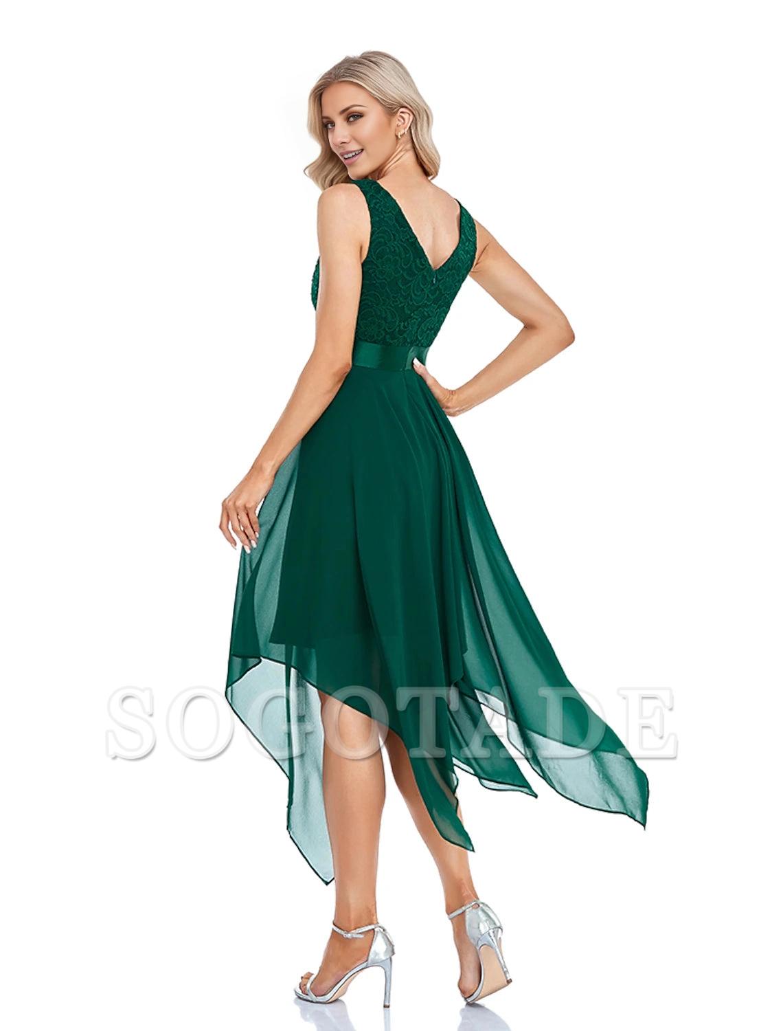 A-Line Cocktail Dresses Party Dress Homecoming Wedding Guest Asymmetrical Sleeveless V Neck Chiffon V Back with Pure Color Splicing-SOGOTADE