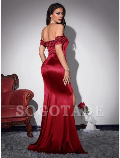 Mermaid / Trumpet Party Dresses Vintage Dress Wedding Party Summer Sweep / Brush Train Sleeveless Off Shoulder Stretch Satin with Ruched Slit