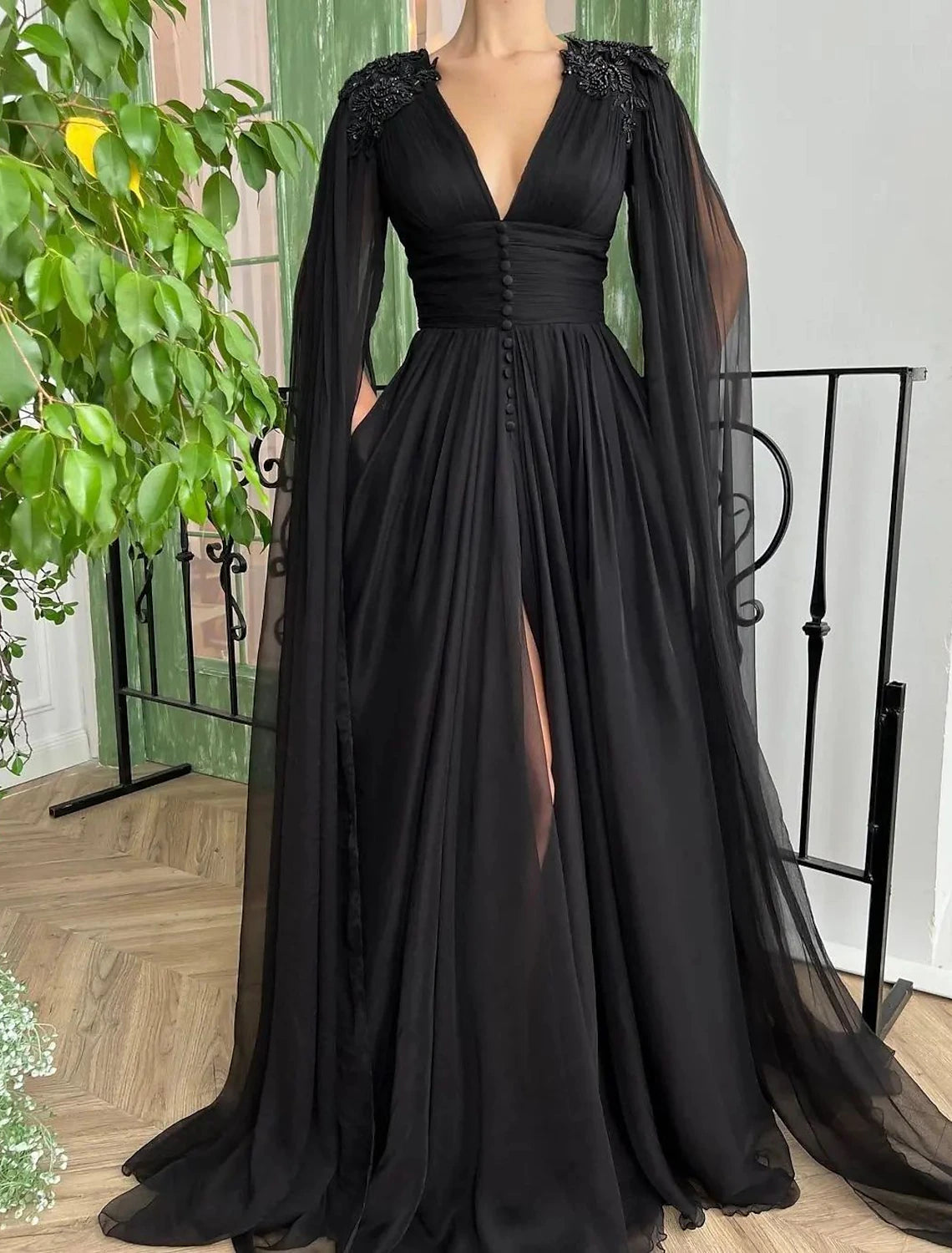 A-Line Evening Gown Black Dress Plus Size Formal Masquerade Court Train Long Sleeve V Neck Wednesday Addams Family Chiffon with Buttons Slit Appliques 2024-SOGOTADE