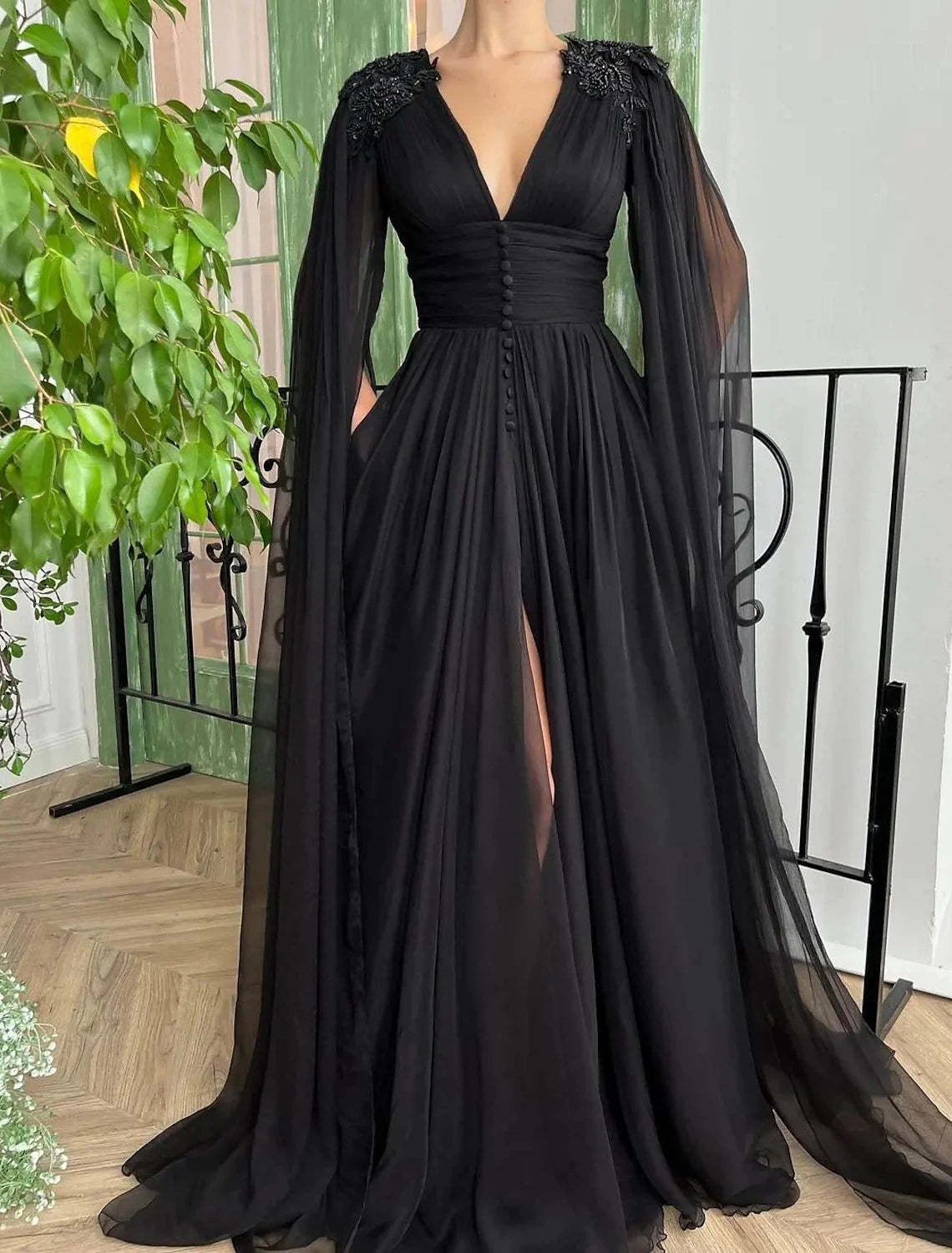 A-Line Evening Gown Black Dress Plus Size Formal Masquerade Court Train Long Sleeve V Neck Wednesday Addams Family Chiffon with Buttons Slit Appliques 2024-SOGOTADE