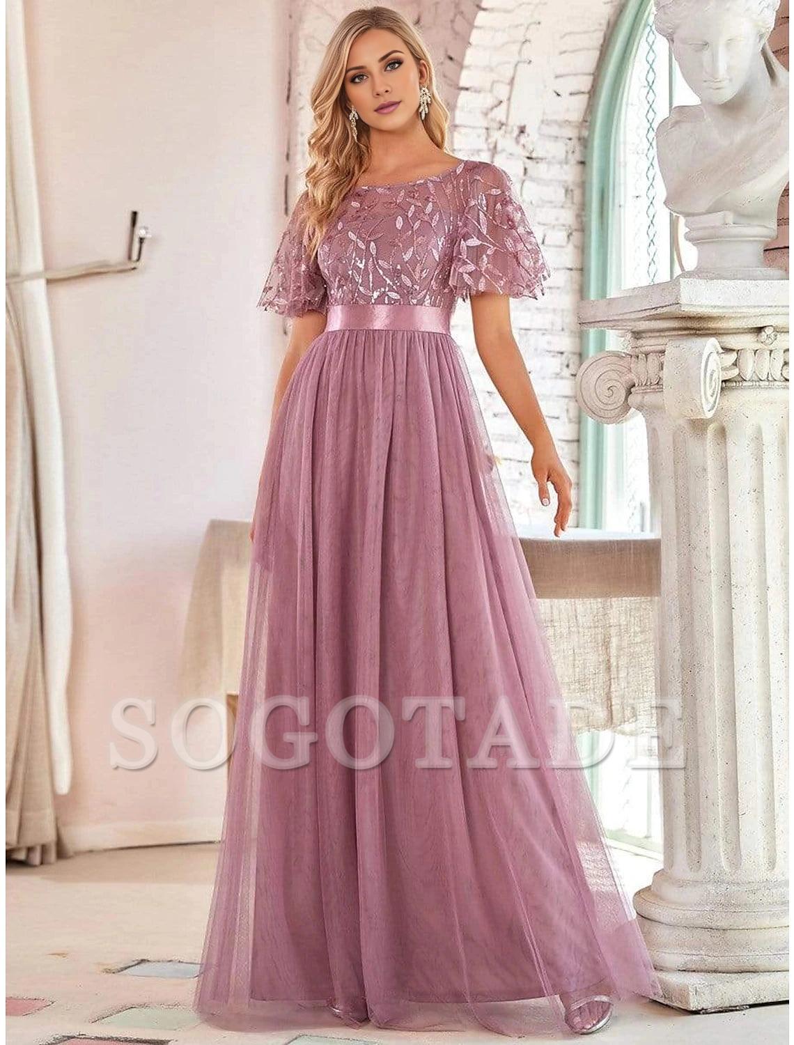 A-Line Empire Elegant Party Wear Prom Dress Jewel Neck Short Sleeve Floor Length Tulle with Embroidery-SOGOTADE