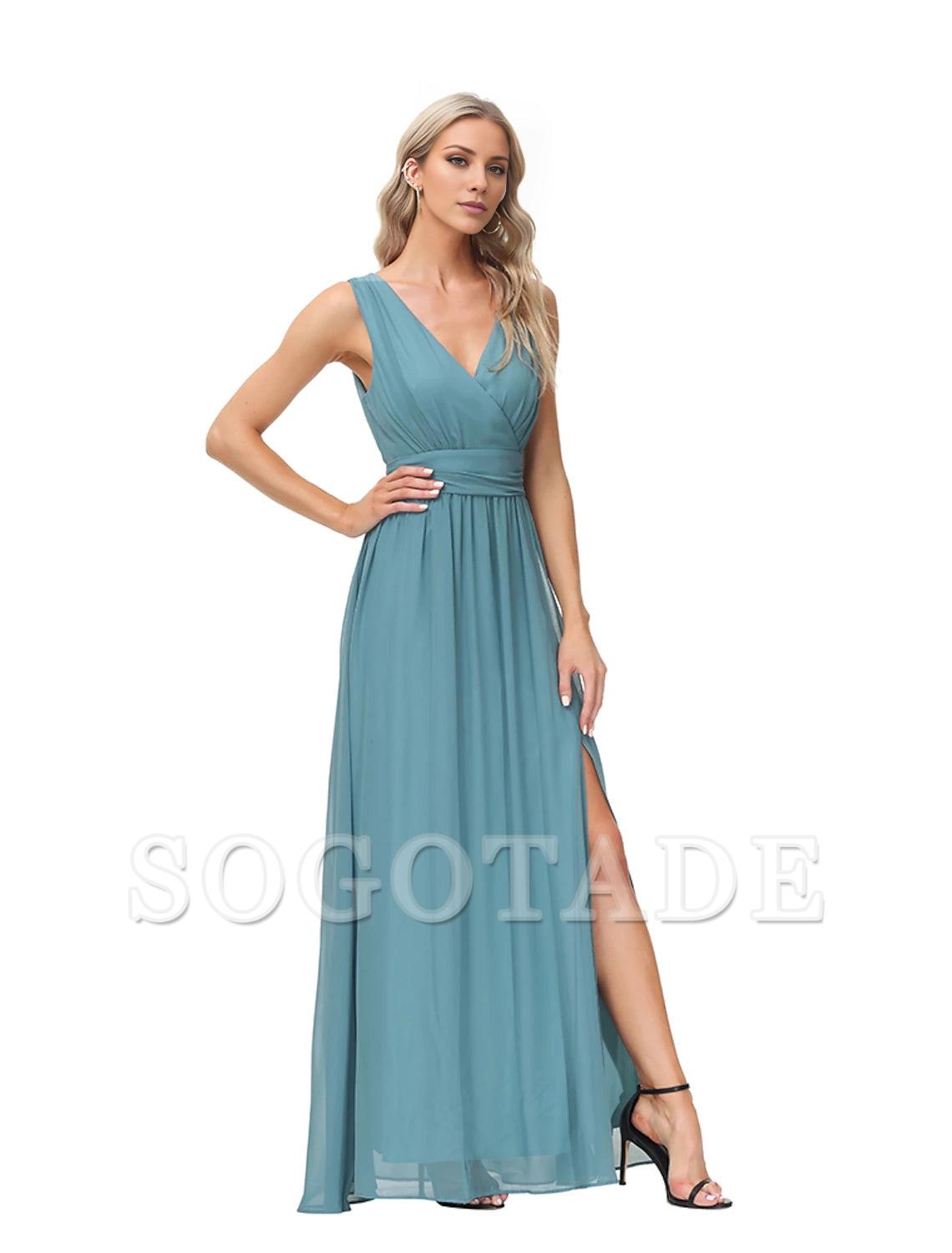 A-Line Evening Gown Elegant Dress Wedding Guest Party Wear Floor Length Sleeveless V Neck Bridesmaid Dress Chiffon V Back with Slit-SOGOTADE